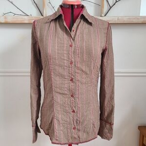 Vintage Lady Dutch Brown and Pink Striped Crinkle Button-Down Shirt - Medium